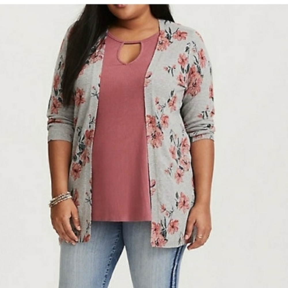 Torrid Gray Pink Floral Open Front Lightweight 3/4 Sleeve Cardigan Sweater 1X